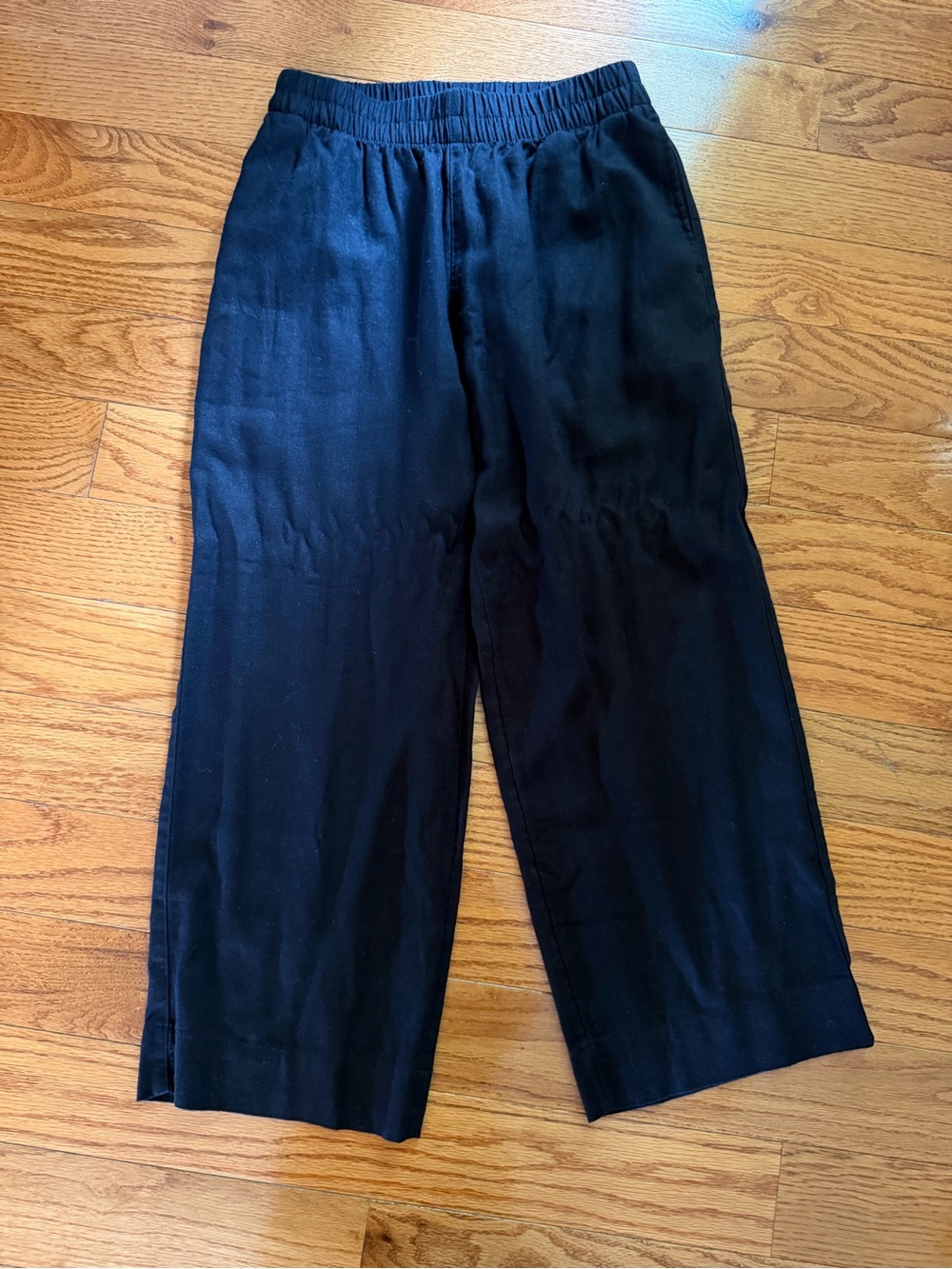 Black Elastic Waist Linen Blend Wide-Leg Pants